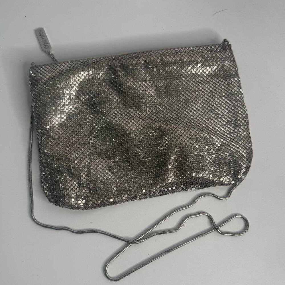 Whiting & Davis Silver Mesh  Zipper Purse Cross Body with Chain Prom Festival